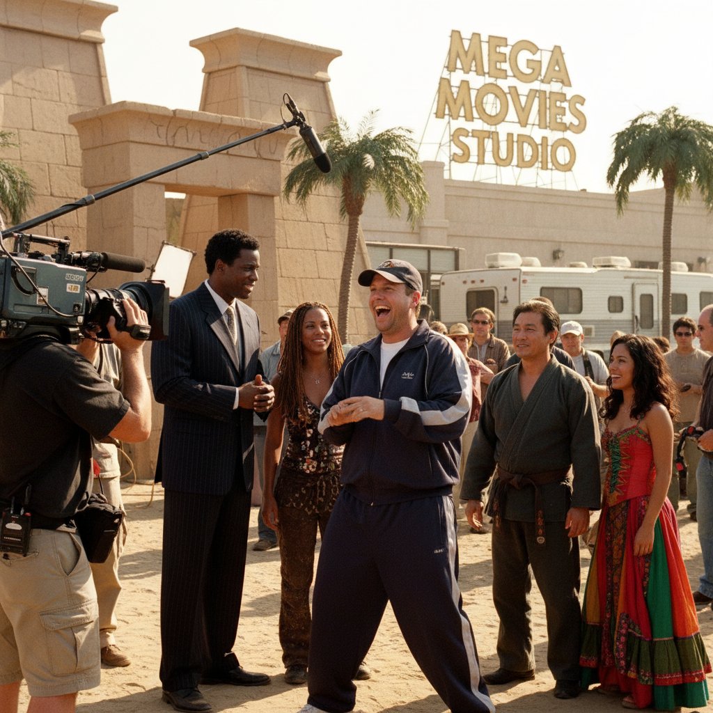 Sandler on set with directors and diverse cast, representing the expansion into new genres in the 2000s