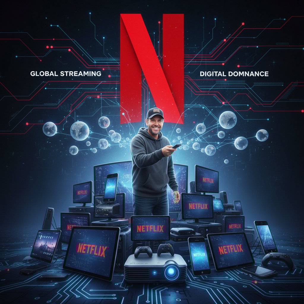 Adam Sandler on laptop screen, surrounded by Netflix logo and streaming devices, symbolizing streaming dominance