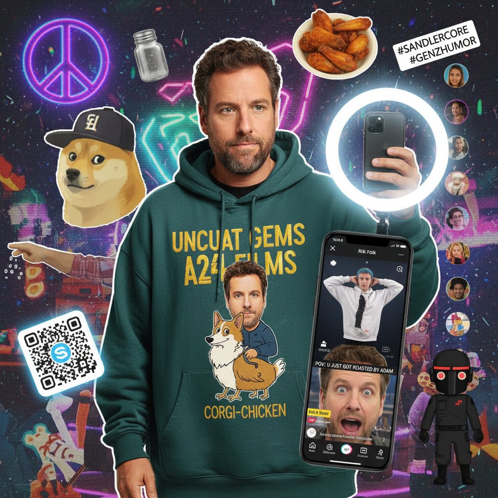 Pop culture montage: Adam Sandler memes, TikTok, Halloween costumes, and Gen Z fans