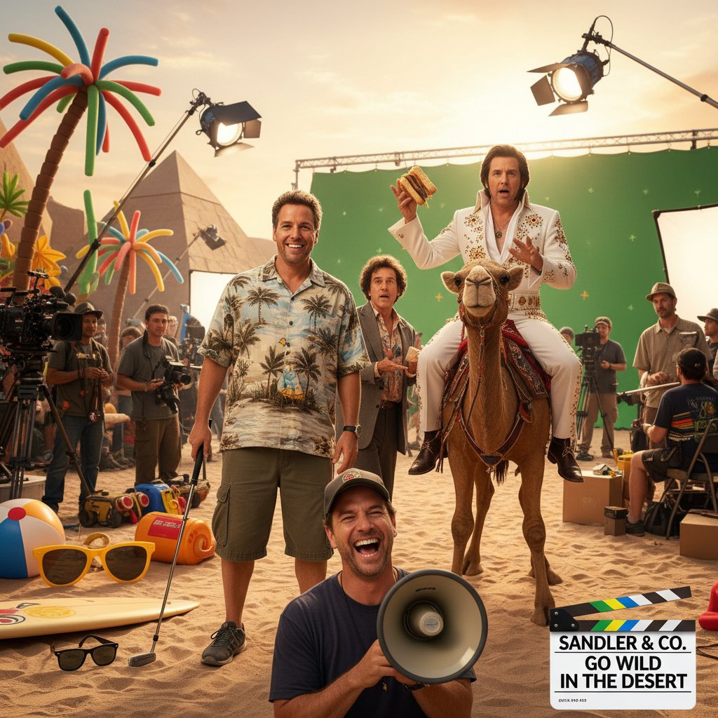 Adam Sandler with his recurring cast, including Steve Buscemi and Rob Schneider, on a comedy movie set