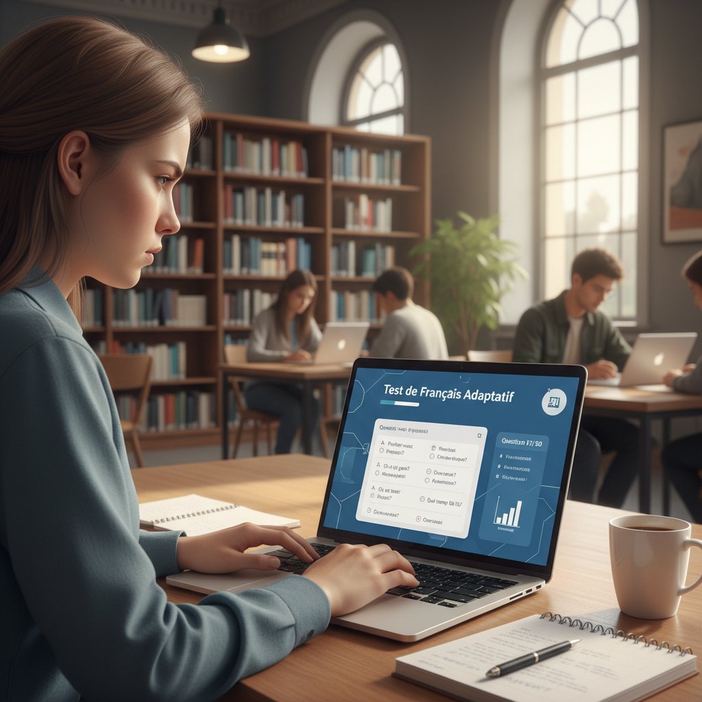 Młoda osoba przy laptopie rozwiązuje adaptacyjny test francuski online, ekran z dynamicznie zmieniającymi się pytaniami