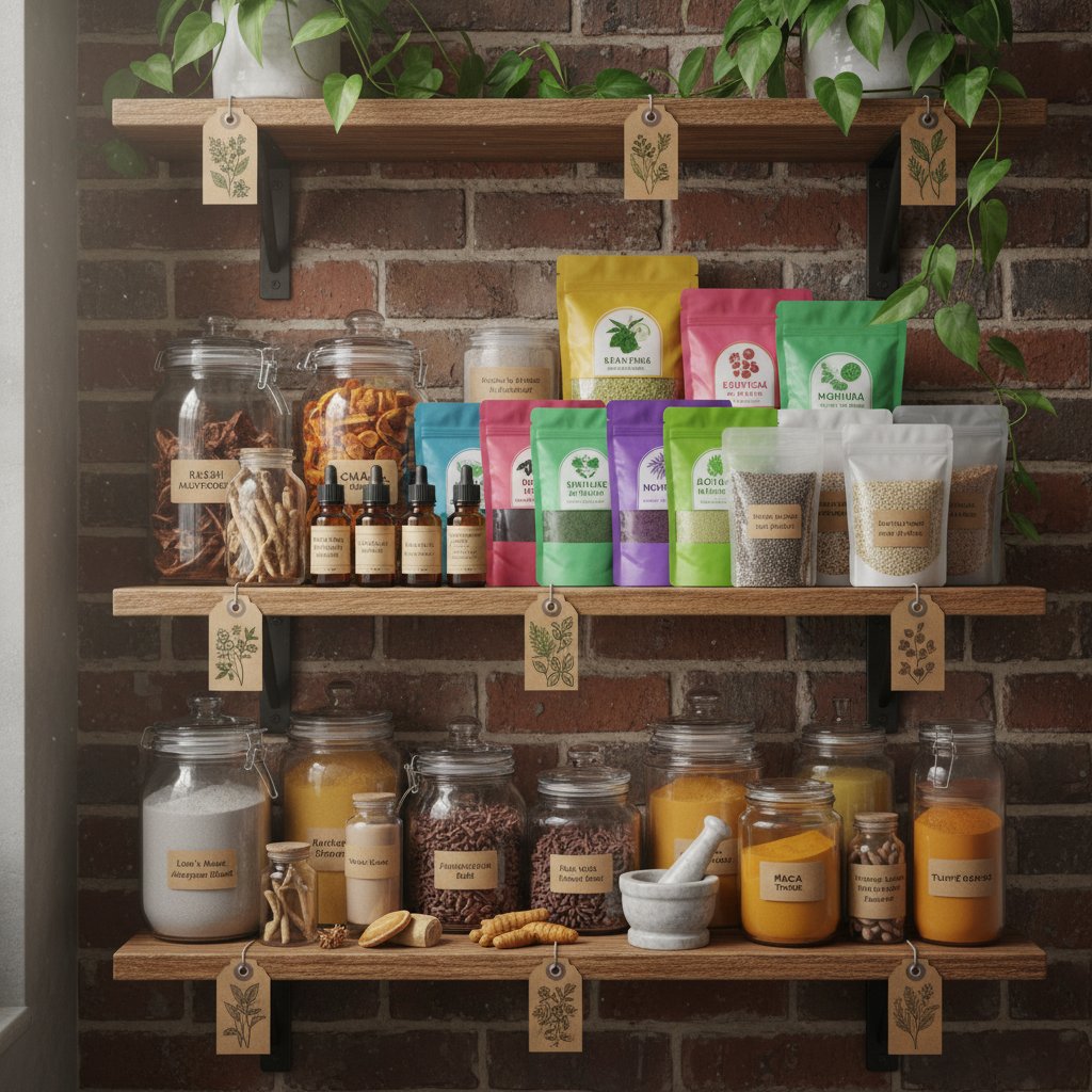 Półka ze zdrową żywnością i suplementami, różne opakowania adaptogenów i superfoods