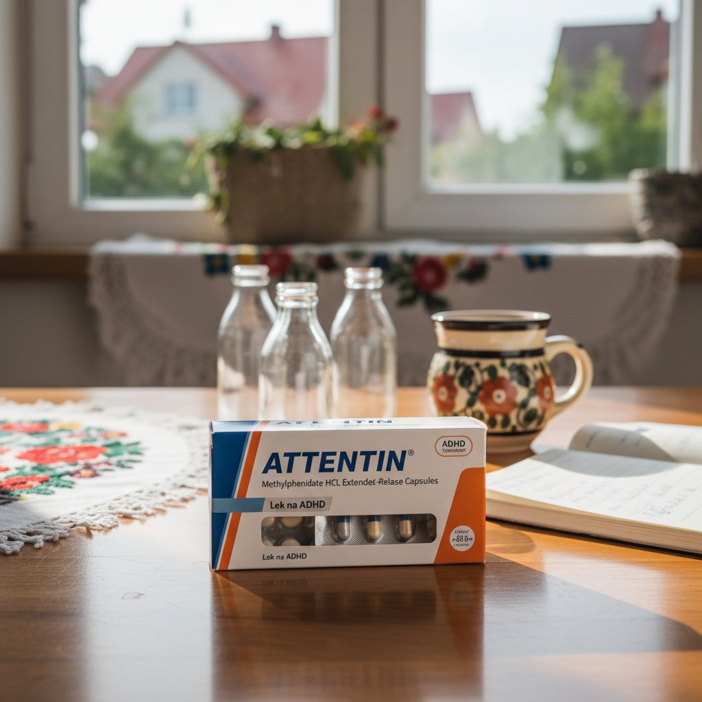 Różne opakowania leków na ADHD na stole w polskim mieszkaniu