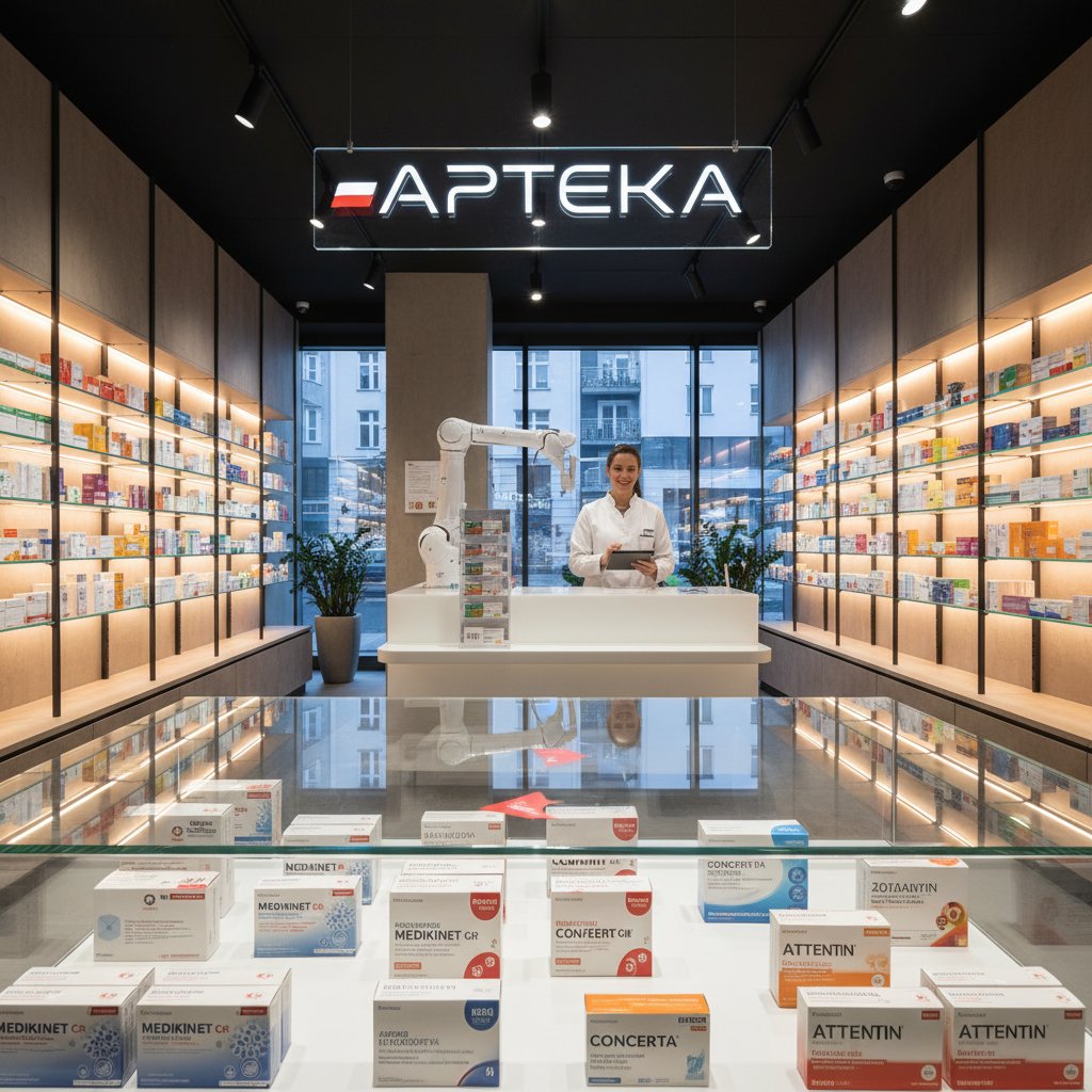 Nowoczesne pudełko leków na ADHD na tle miejskiej polskiej apteki