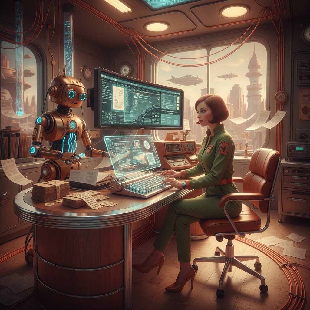 Admin clerk at hybrid desk bridging paper and digital eras, showing transformation through technology