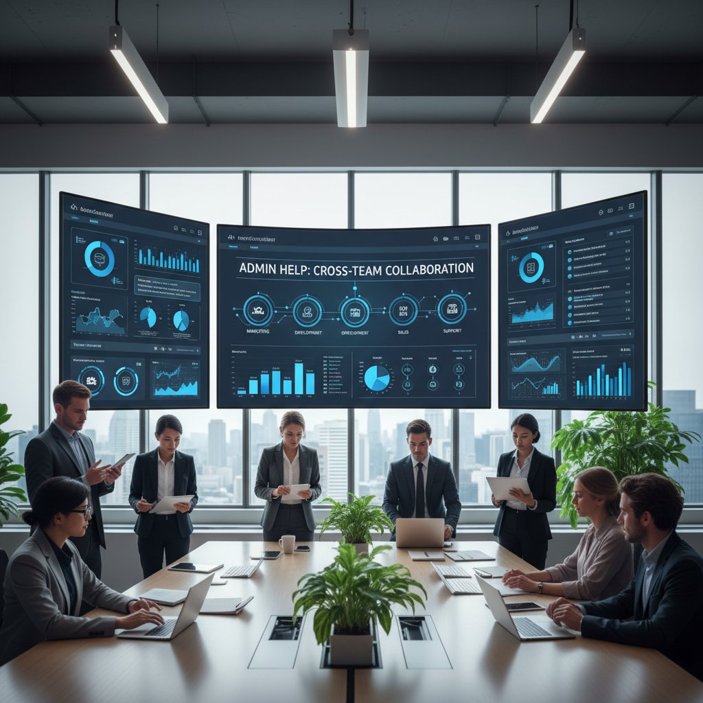 Admin-enabled cross-team collaboration, overhead shot of cross-functional team, admin dashboard projected