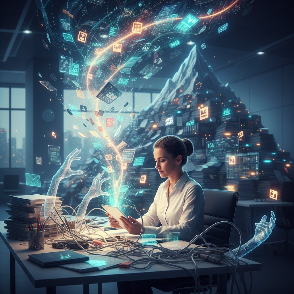 Modern admin worker managing unseen workload in office, piles of files, digital screens, atmosphere of urgency