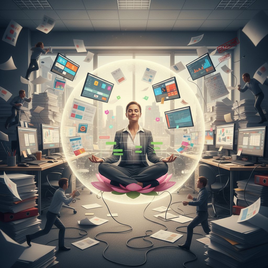 Administrative specialist meditating at desk to manage office stress and chaos