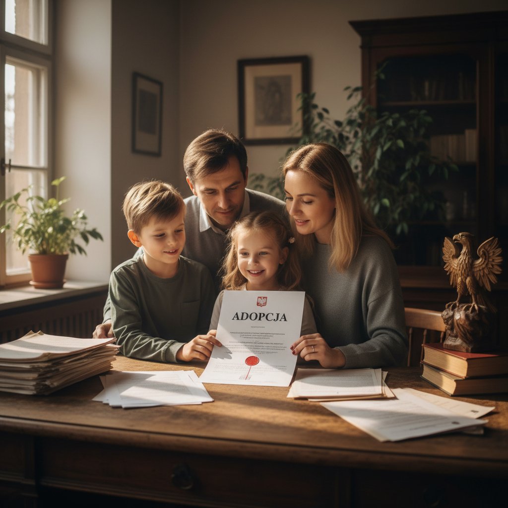 Stos dokumentów adopcyjnych na biurku, zdjęcie rodzinne, cienie i światło