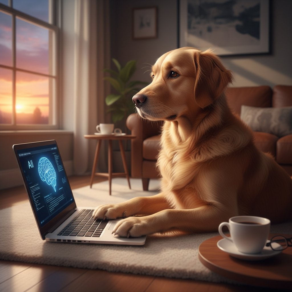 Dorosła osoba rozmawia z pieskiem AI za pomocą laptopa – obalanie mitu “AI tylko dla dzieci”