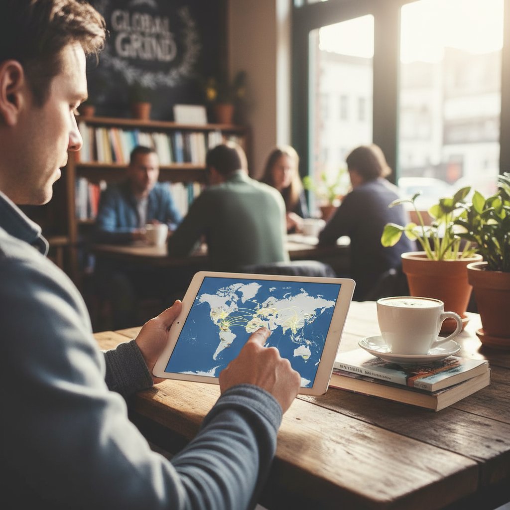 Dorosły w kawiarni uczący się geografii online na tablecie