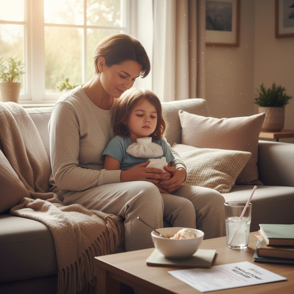 Dorosły mężczyzna i dziecko wracający do zdrowia po operacji migdałków