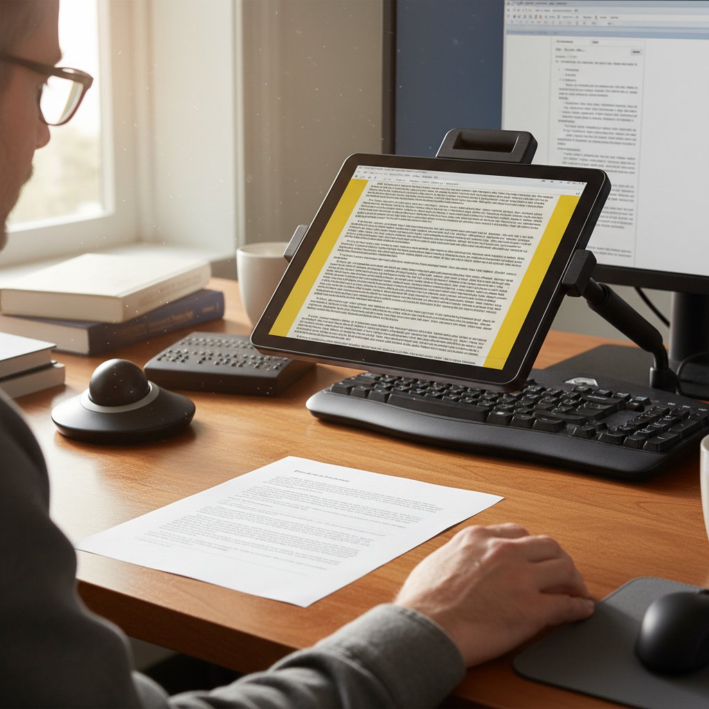 Osoba dorosła korzystająca z elektronicznego powiększalnika na biurku w pracy