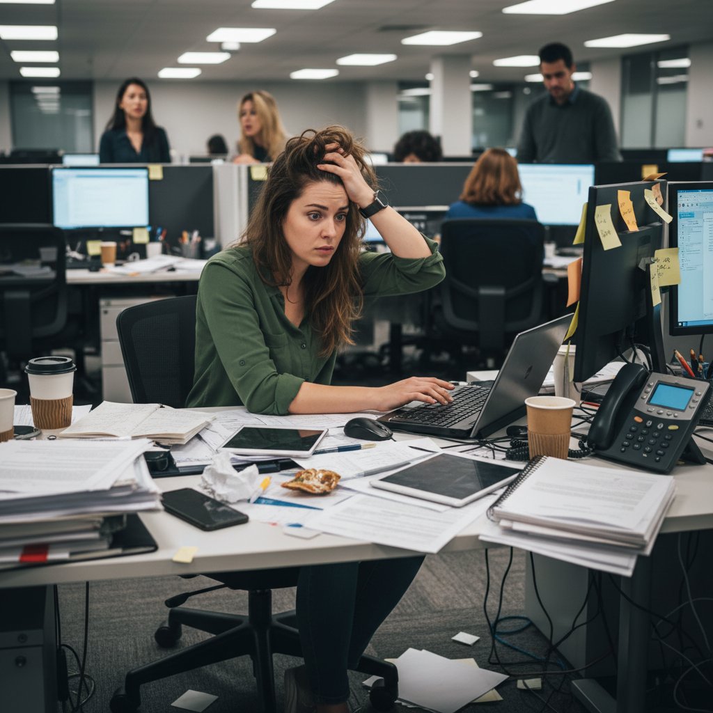 Grupa dorosłych w biurze, ktoś wyraźnie zestresowany, chaos, ADHD