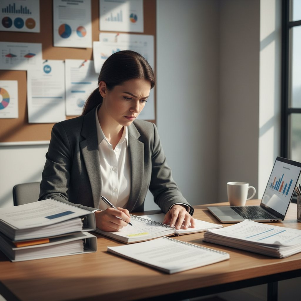 Dojrzały pracownik nadrabiający wiedzę w pracy – dorosły przy biurku z materiałami szkoleniowymi, skupiony wyraz twarzy, polskie biuro