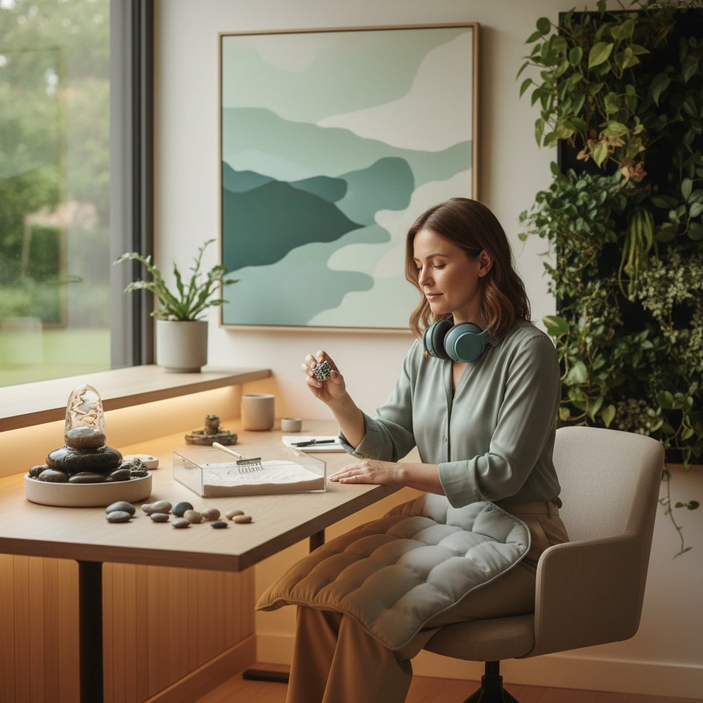 Dorosły pracownik biurowy z narzędziami sensorycznymi, spokojna atmosfera, organizacja miejsca pracy