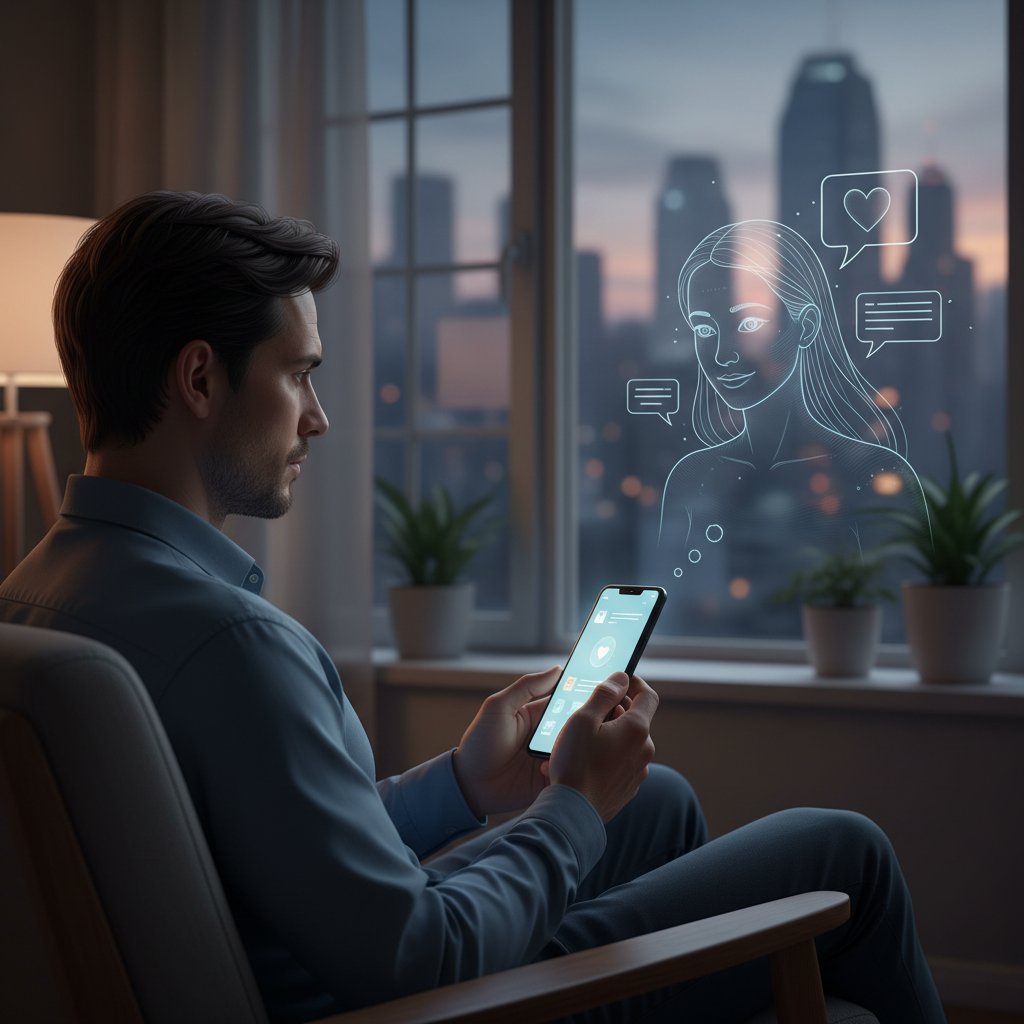 Erwachsener mit Smartphone am Fenster, nachdenklicher Blick, Chatverlauf reflektiert im Glas – Nutzererfahrung virtuelle Partnerin