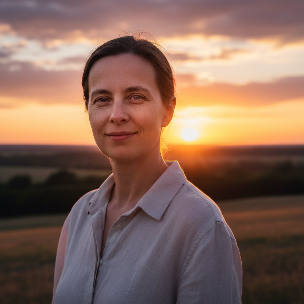 Portret dorosłej osoby z lekkim zezem w promieniach zachodzącego słońca, atmosfera nadziei i spokoju