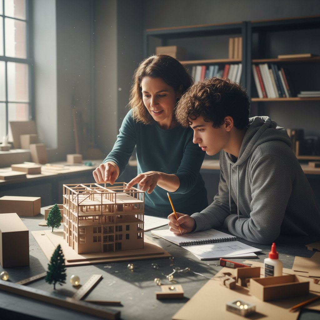 Erwachsener und Jugendlicher bauen gemeinsam ein Modell, das einen Lernprozess visualisiert