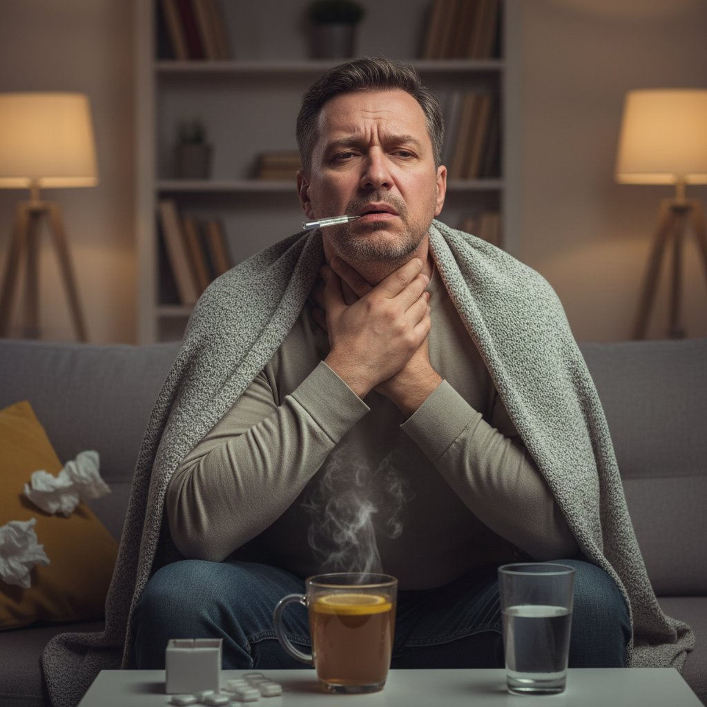 Zdjęcie osoby dorosłej trzymającej gardło z wyrazem bólu, w domowej, przytłumionej scenerii