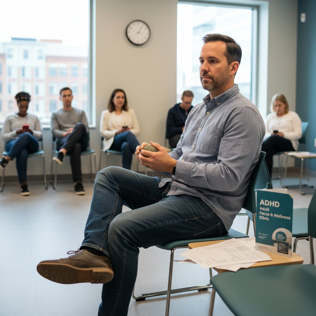 Zniecierpliwiony dorosły czeka w kolejce w przychodni, przygnębiony, ADHD