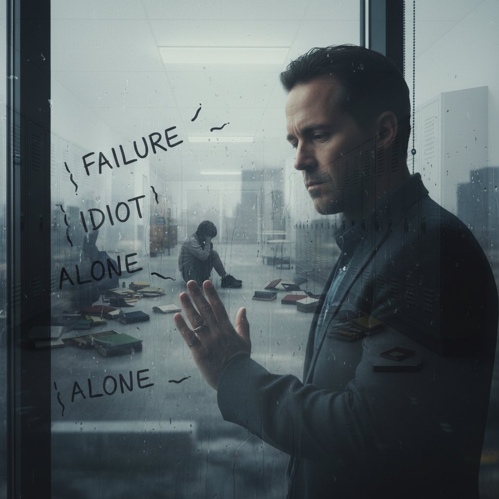 Dorosły człowiek patrzy przez okno, zamyślony, refleksja nad szkolnymi wspomnieniami