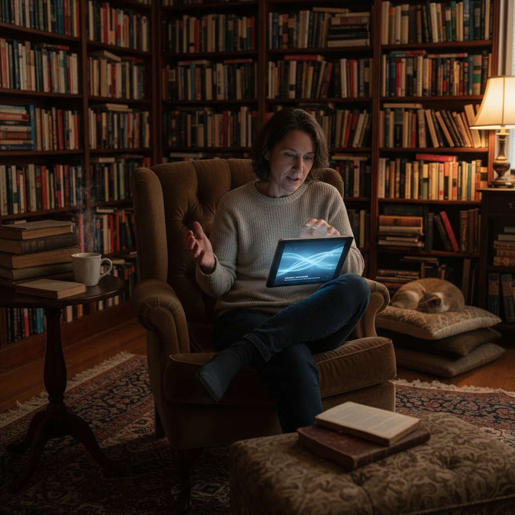 Dorosły rozmawiający z AI o historii w domu, wieczór, książki i tablet