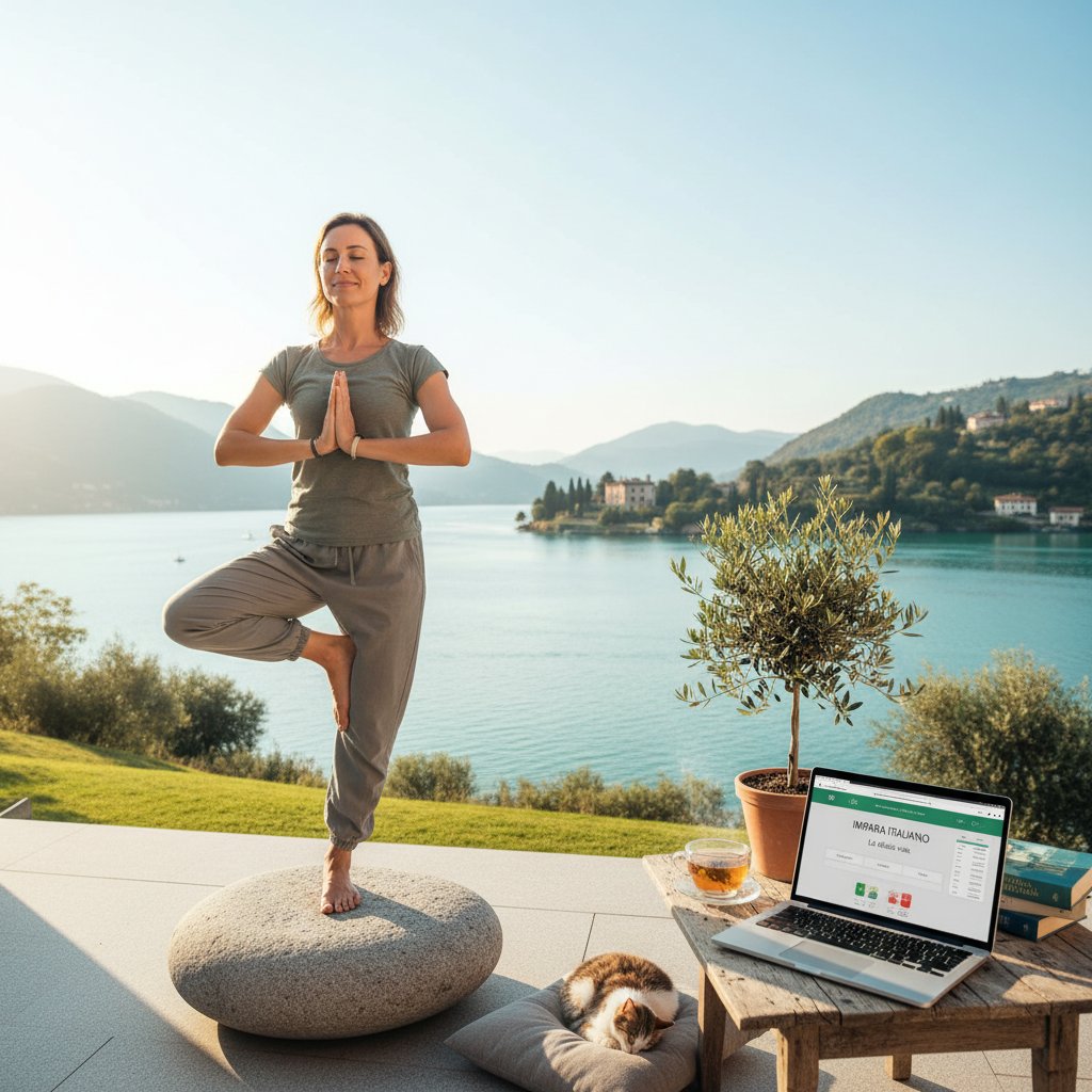 Dorosły uczeń próbujący zachować balans między nauką włoskiego online a odpoczynkiem