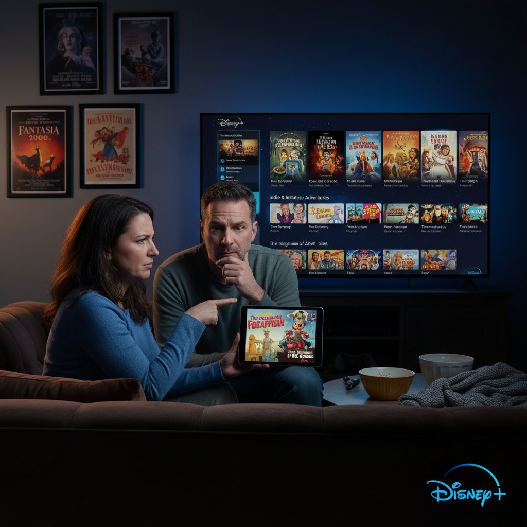 Adult couple debating over Disney Plus movie choices, unconventional films.