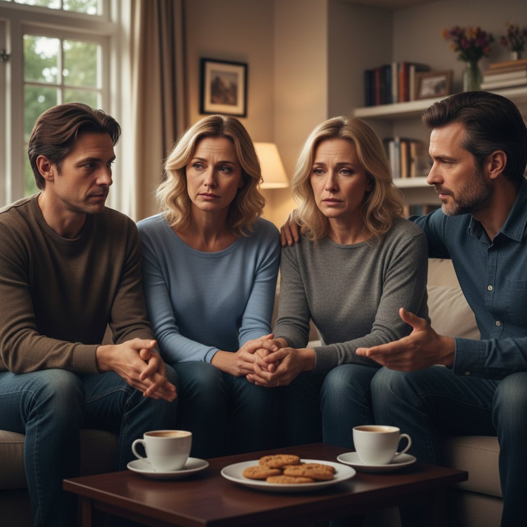 Grupa osób prowadząca szczere rozmowy o emocjach i seksualności, symbolizująca dojrzałość psychoseksualną