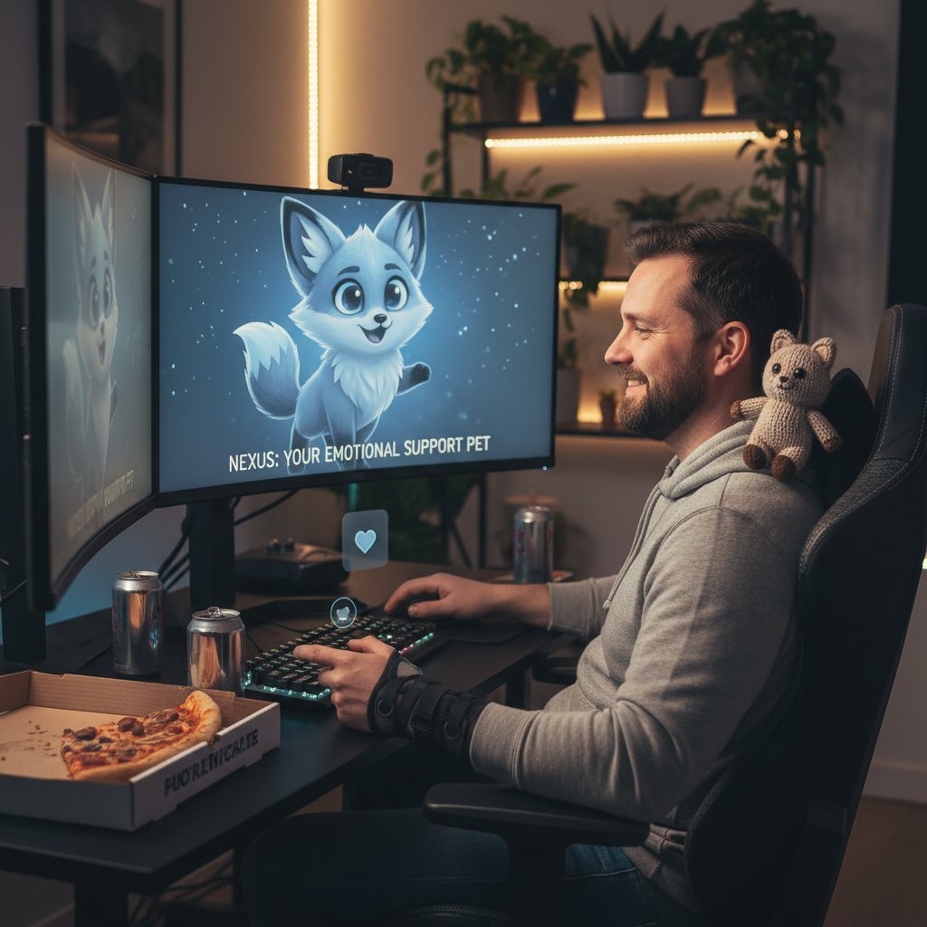 Dorosła osoba grająca w grę online z wirtualnym zwierzakiem, gry online, wsparcie emocjonalne