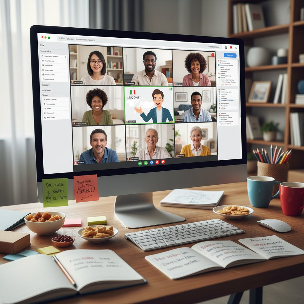 Grupa dorosłych uczniów uczestnicząca w lekcji włoskiego online przez platformę edukacyjną