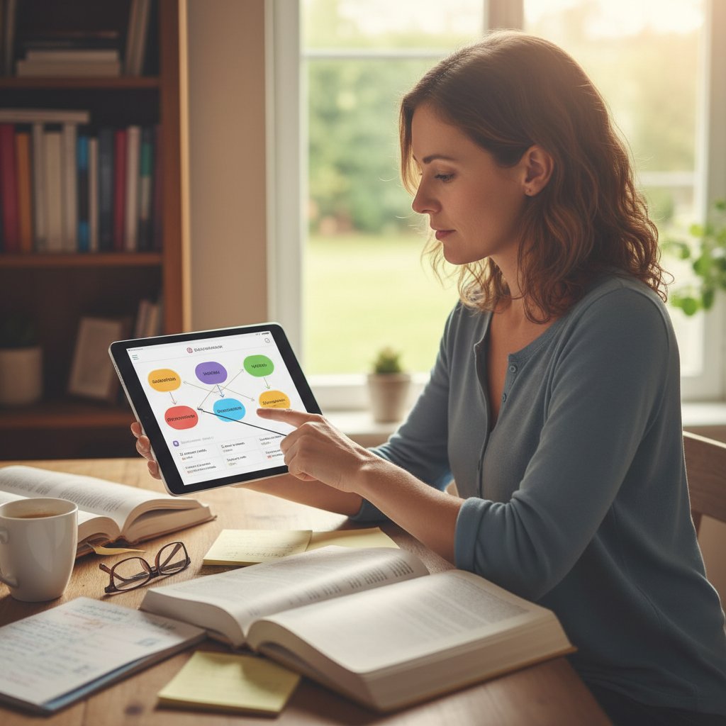 Dorosły uczeń analizujący gramatykę języka hiszpańskiego na tablecie