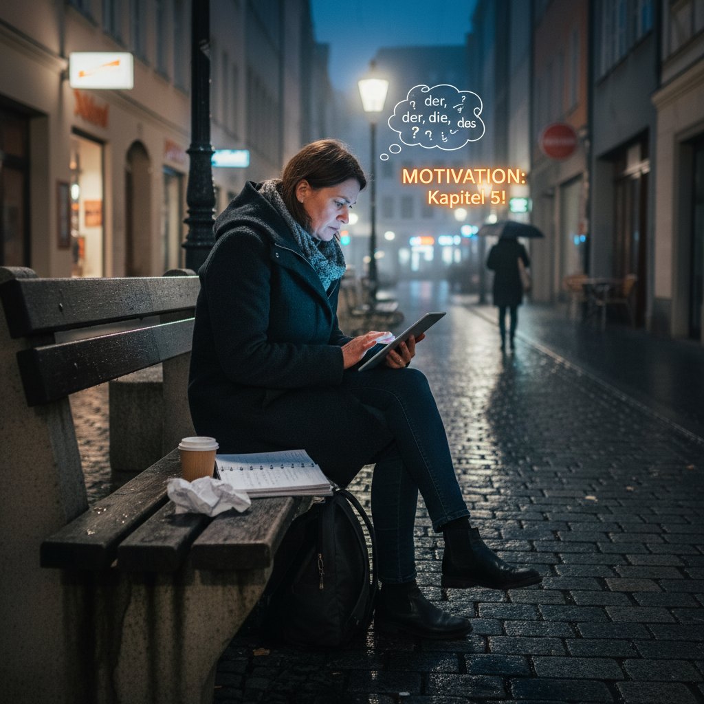 Osoba dorosła ucząca się niemieckiego online wieczorem w mieszkaniu, motywacja i trudności