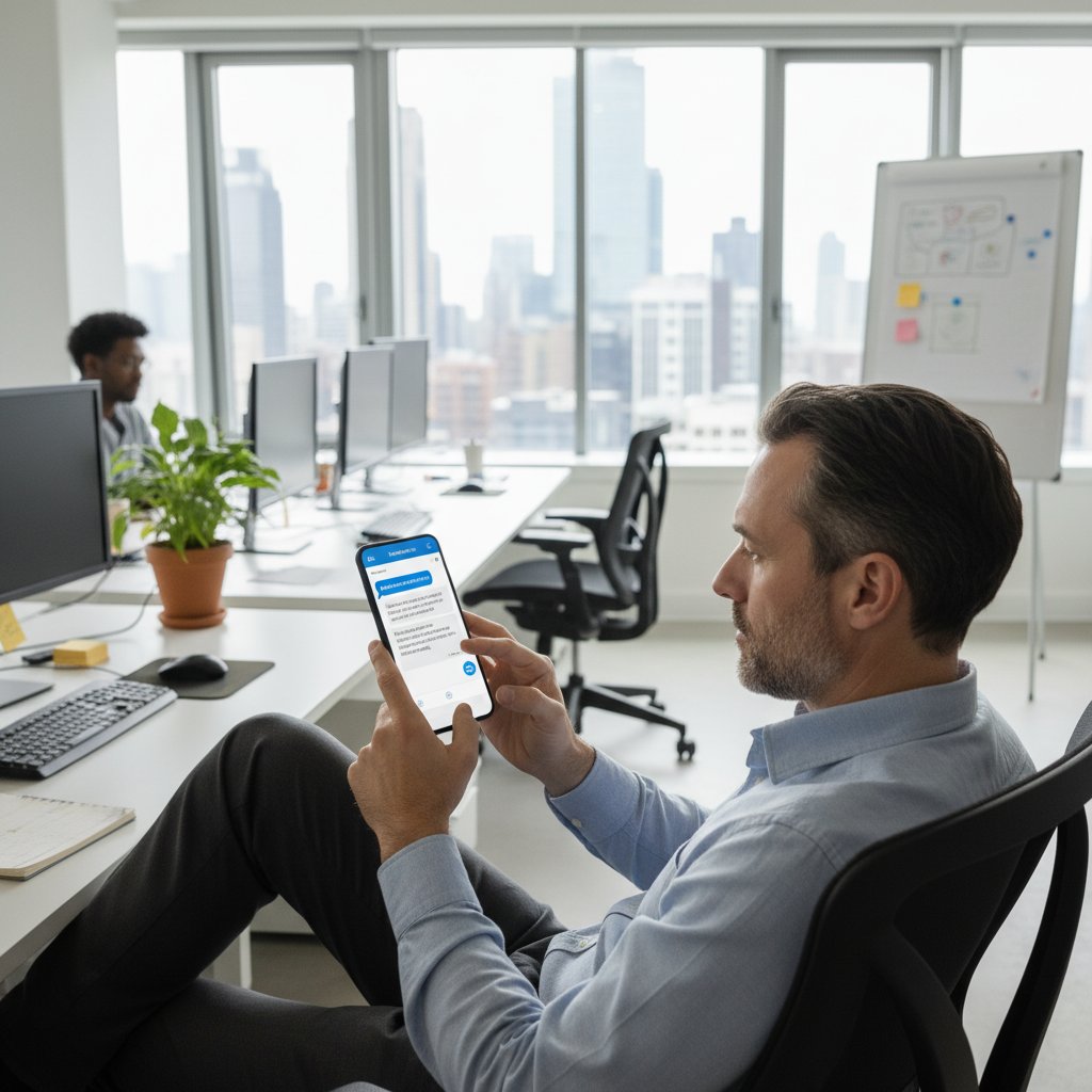 Zdjęcie dorosłego mężczyzny z telefonem w biurze, lekko uśmiechniętego podczas rozmowy z AI – symbol wsparcia dla dorosłych użytkowników