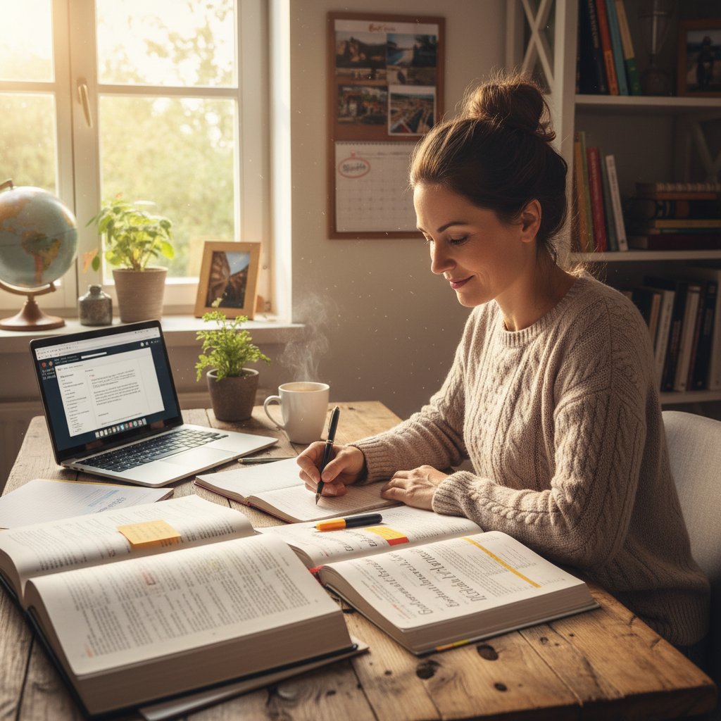 Dorosły Polak robiący notatki podczas nauki niemieckiego online, skupienie na planie nauki