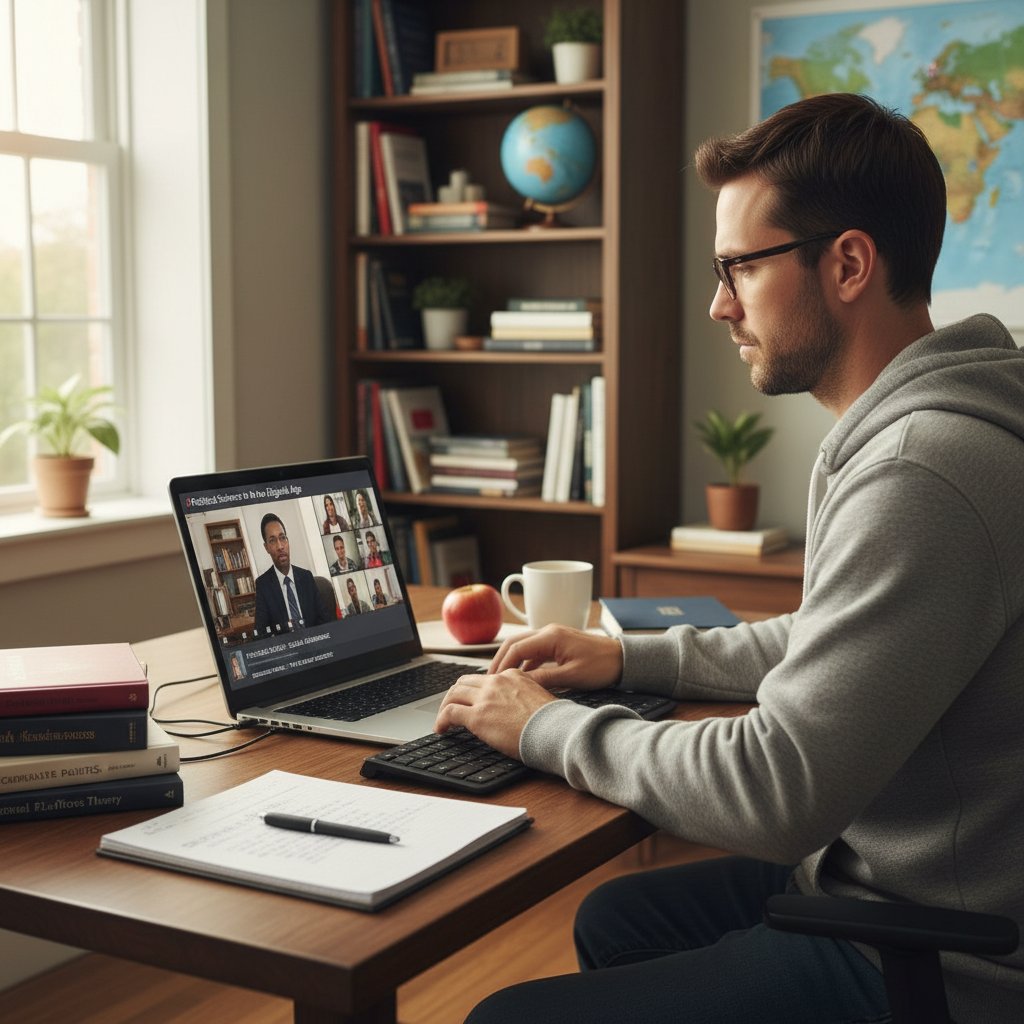 Dorosły student podczas lekcji WOS online przy laptopie