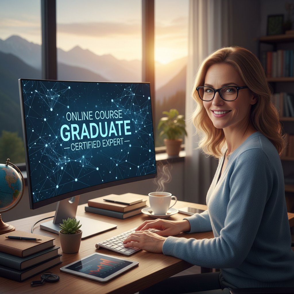 Dorosła kobieta pracująca online po sukcesie edukacyjnym, korepetycje online, andragogika