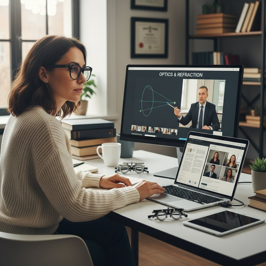 Dorosła kobieta ucząca się optyki online, profesjonalna atmosfera, laptop z materiałami z optometrii