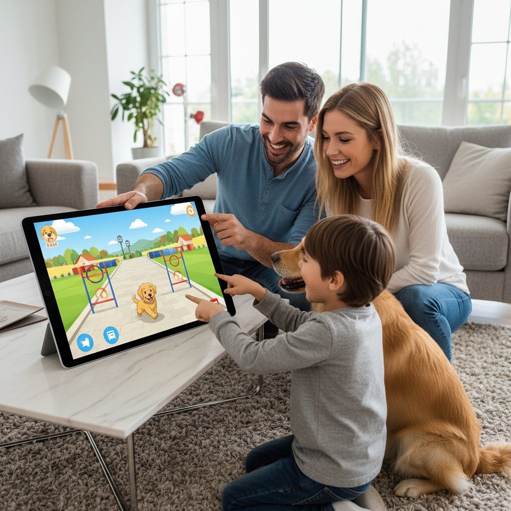 Para dorosłych osób i dziecko grający razem w symulator hodowli psów na tablecie