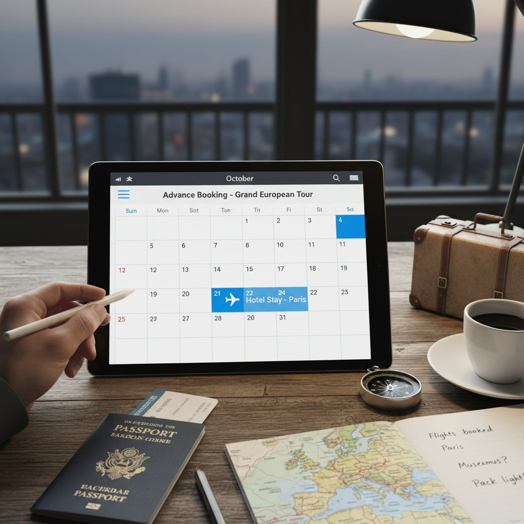 Planowanie podróży z dużym wyprzedzeniem – kalendarz, laptop, notatki podróżnika