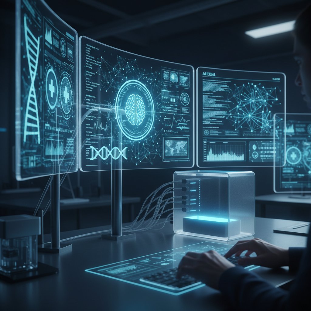 Zaawansowany asystent AI analizujący dane zdrowotne pacjenta na ekranie komputera