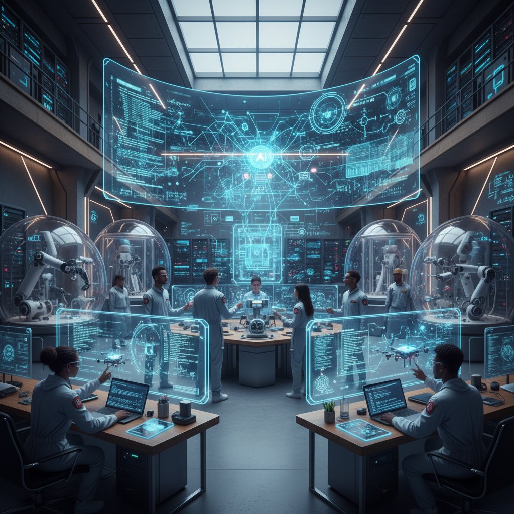 Zaawansowane laboratorium AI, grupa osób pracujących nad innowacyjnymi rozwiązaniami