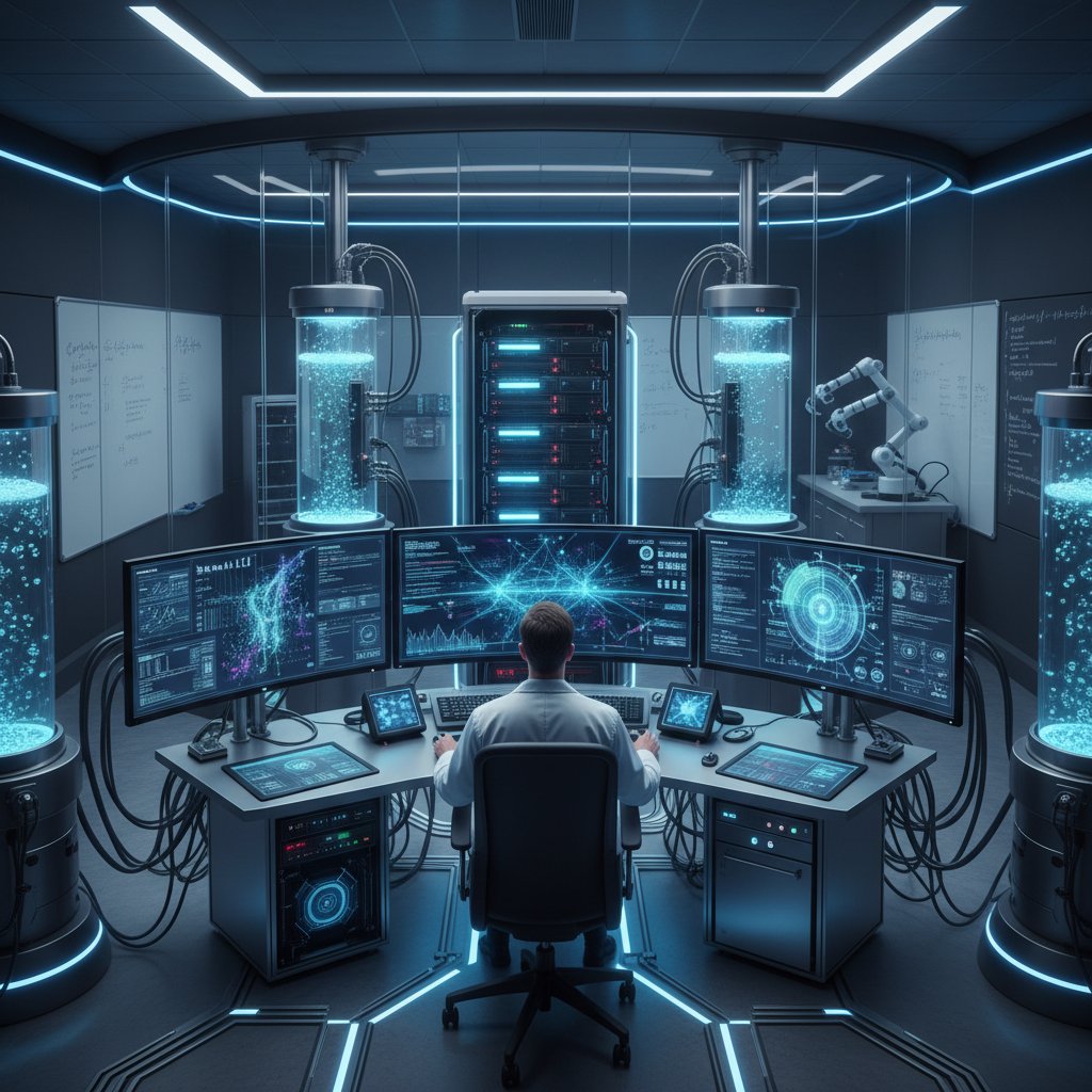 Zaawansowany komputer analizujący dane w laboratorium, symbolizujący przyszłość algorytmów moralnych