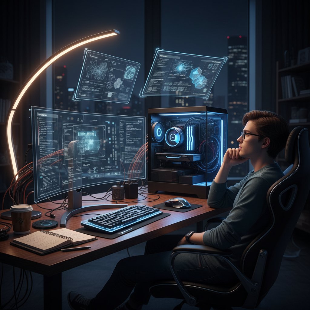 Zaawansowany komputer stojący na stole, w tle zamyślona osoba, światło lampki nocnej