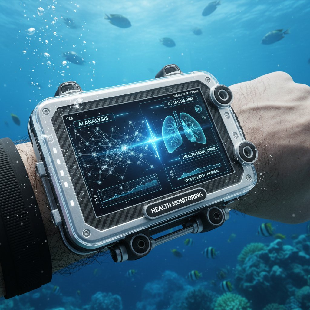 Zaawansowany komputer nurkowy z wyświetlaniem AI, pokazujący analizę zdrowia nurka
