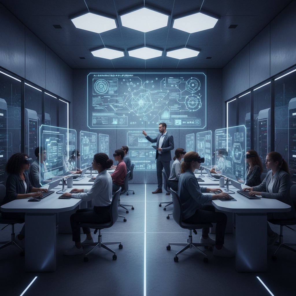 Zaawansowane laboratorium edukacyjne z komputerami i nauczycielem konsultującym z uczniami wyniki AI