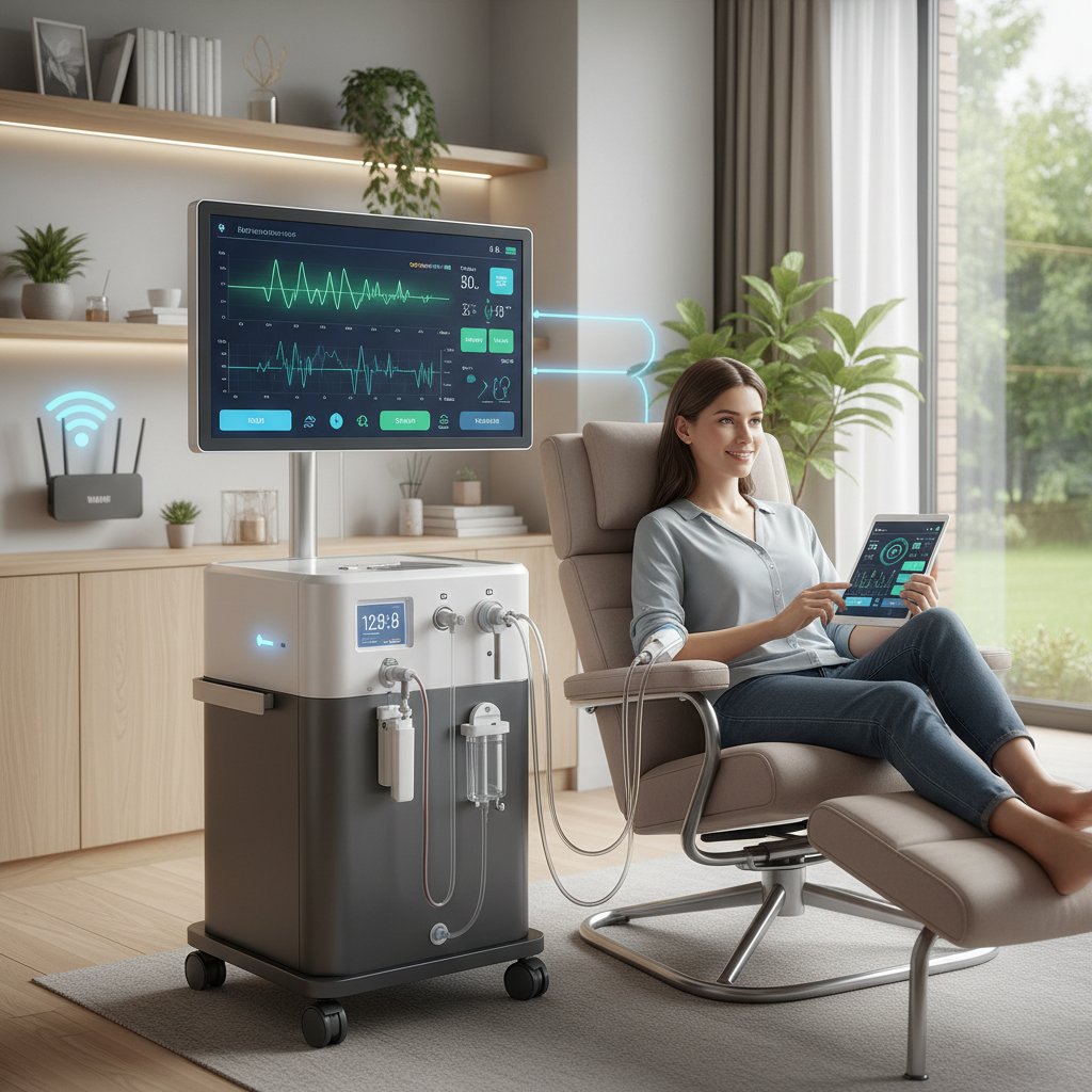 Zaawansowany sprzęt do hemodializy domowej, ekran monitora, nowoczesny wystrój wnętrza