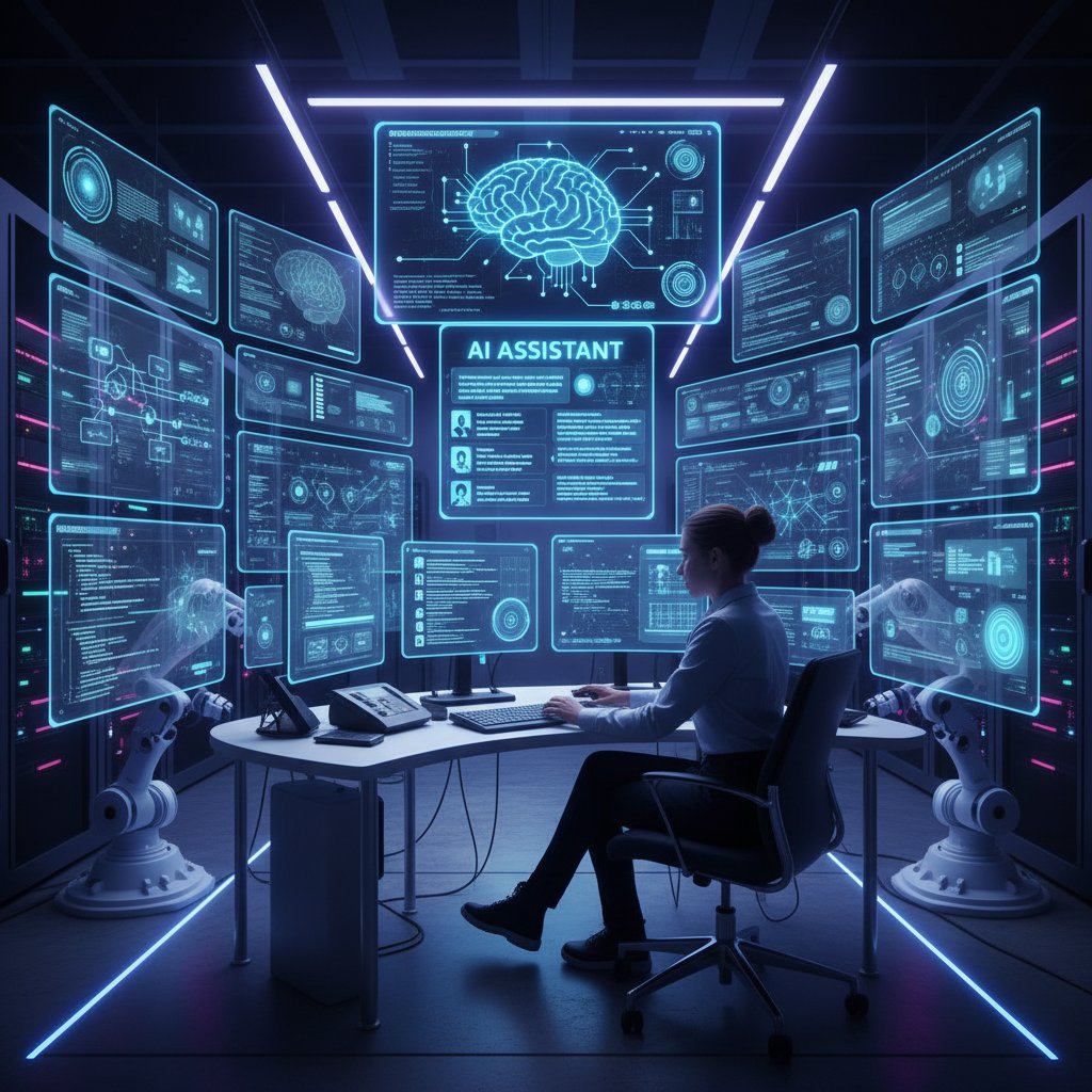 Zaawansowane centrum wsparcia IT z nowoczesnymi technologiami AI i ekranami