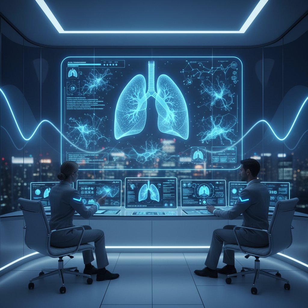 Nowoczesna pracownia pulmonologiczna z cyfrowymi modelami płuc.